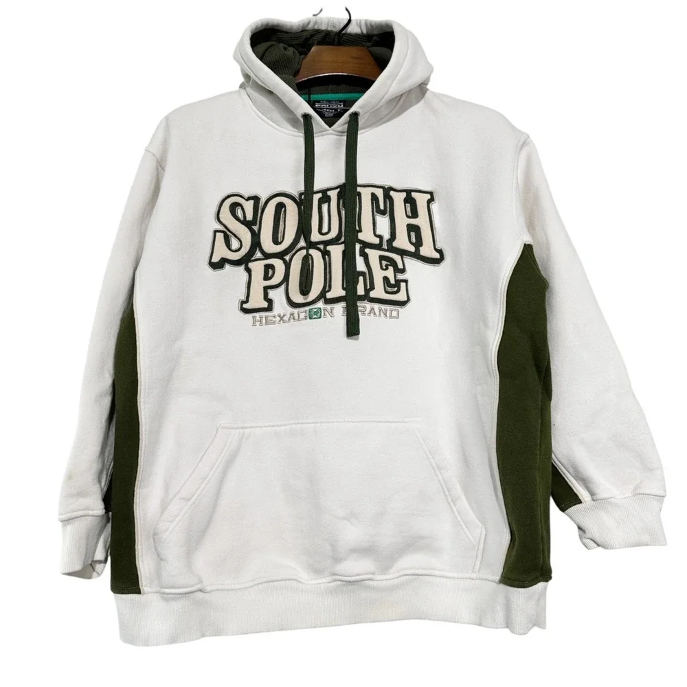 SOUTH POLE‎ Vintage Men Off-White Hoodie Logo Embroidered Grunge Hip Hop Y2K 2XL